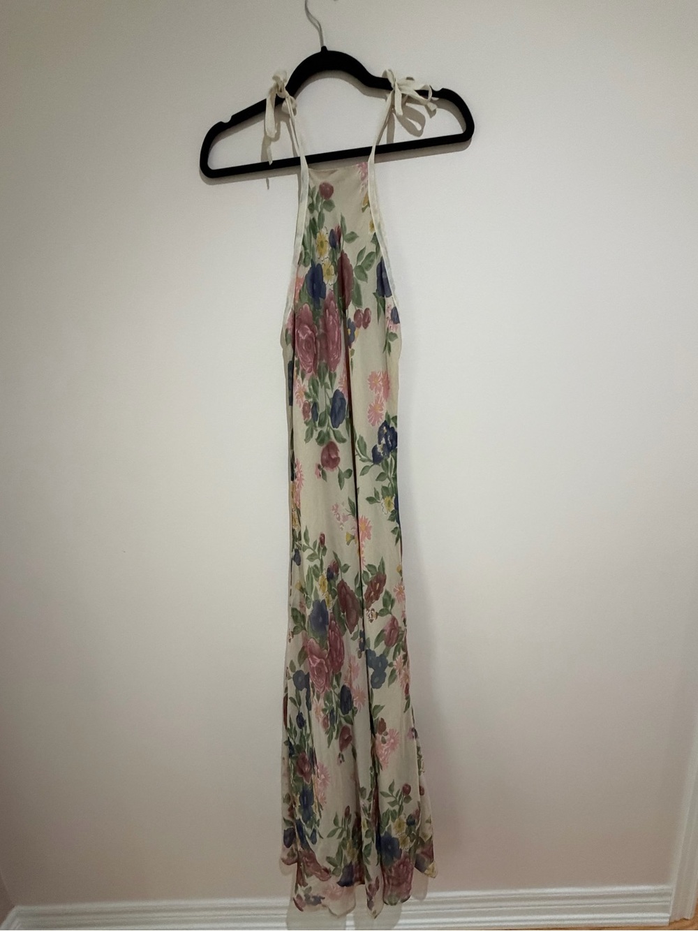 MYFAIRLADY Vintage Floral Halter Maxi Dress in Cream with Pink & Blue Blooms
